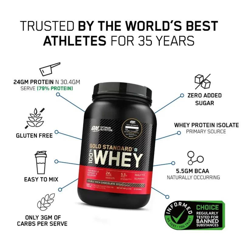 Optimum Nutrition (ON) Gold Standard 100% Whey Protein Powder 2 lbs, 907 g (Double Rich Chocolate) - Image 2