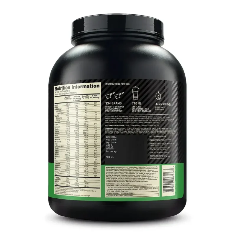 Optimum Nutrition (ON) Serious Mass High Protein Weight Gain Powder(Veg)- 3 kg (Chocolate) with 23+ Vitamins-Minerals, Glutamine & 3g Creatine - Image 7