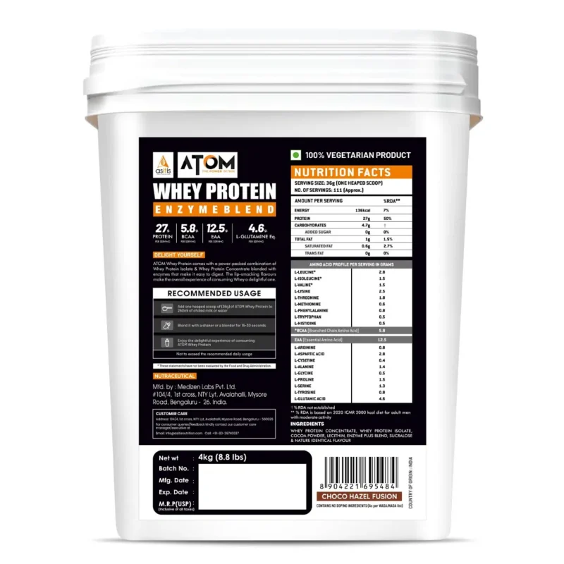 AS-IT-IS ATOM Whey Protein 4Kg | Double rich chocolate | 111 Servings | 27g protein | 5.7g BCAA - Image 2